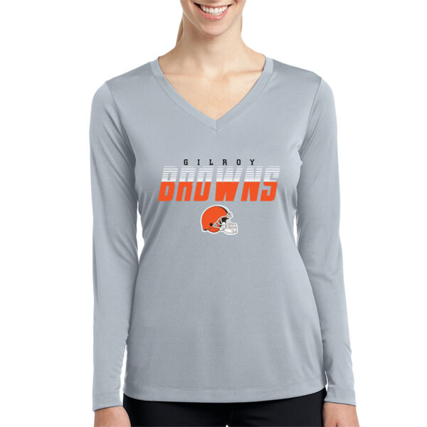 Gilroy Browns Ladies Long Sleeve PosiCharge Competitor V Neck Tee Thumbnail